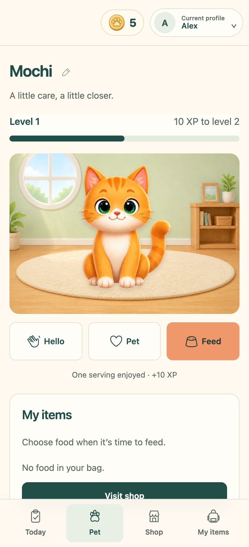 ChorePaws pet screen showing Mochi after the child uses food bought with Pet Coins